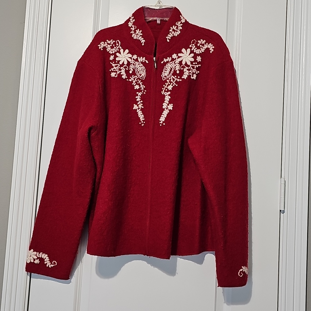 Red Embroidered Wool Zip-Front Jacket